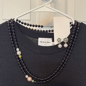 Anthro Style Black Beaded Necklace + Pearl Drop Flower Earrings Set